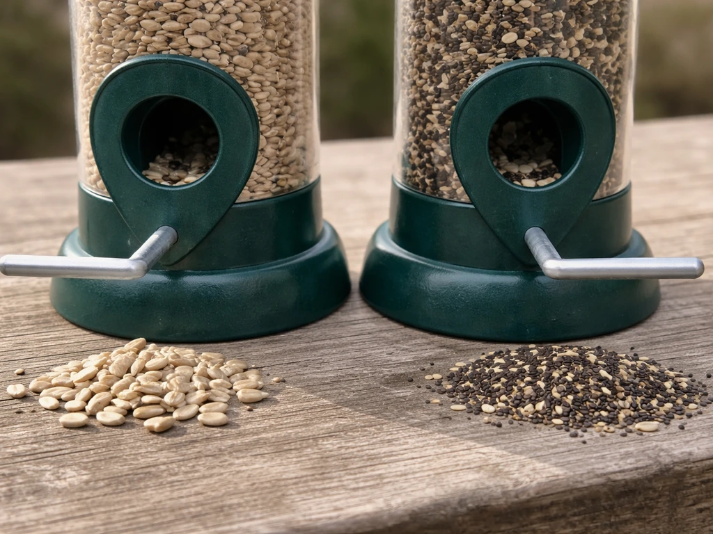 Two tube feeder ends side-by-side showing larger vs smaller seed ports with matching sunflower and nyjer nearby.