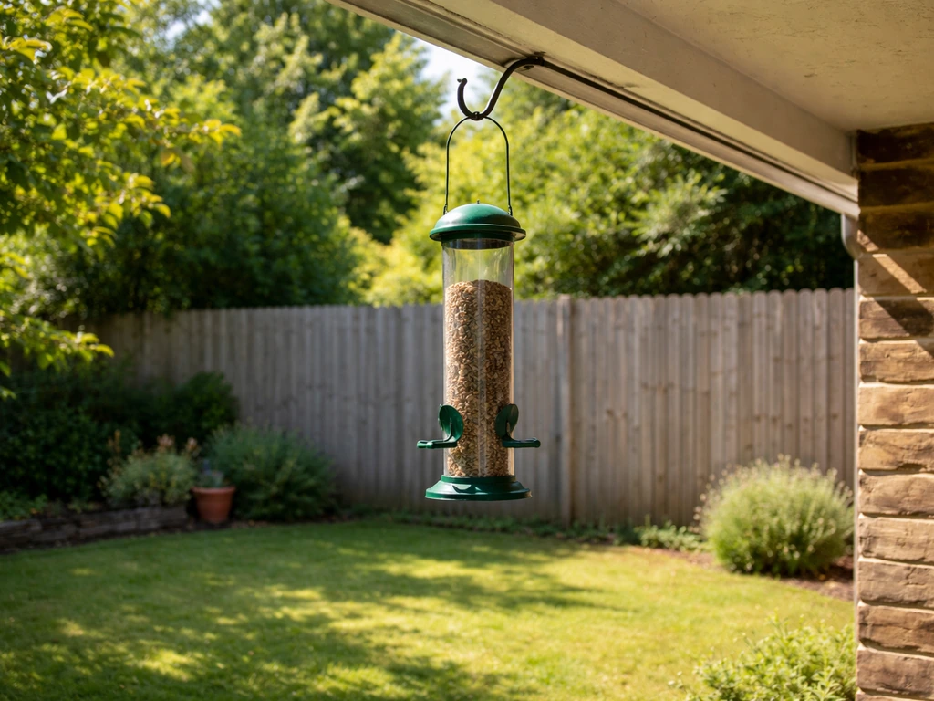 Garden feeder hanging at correct height away from perches and overhangs, showing starling-safe placement.