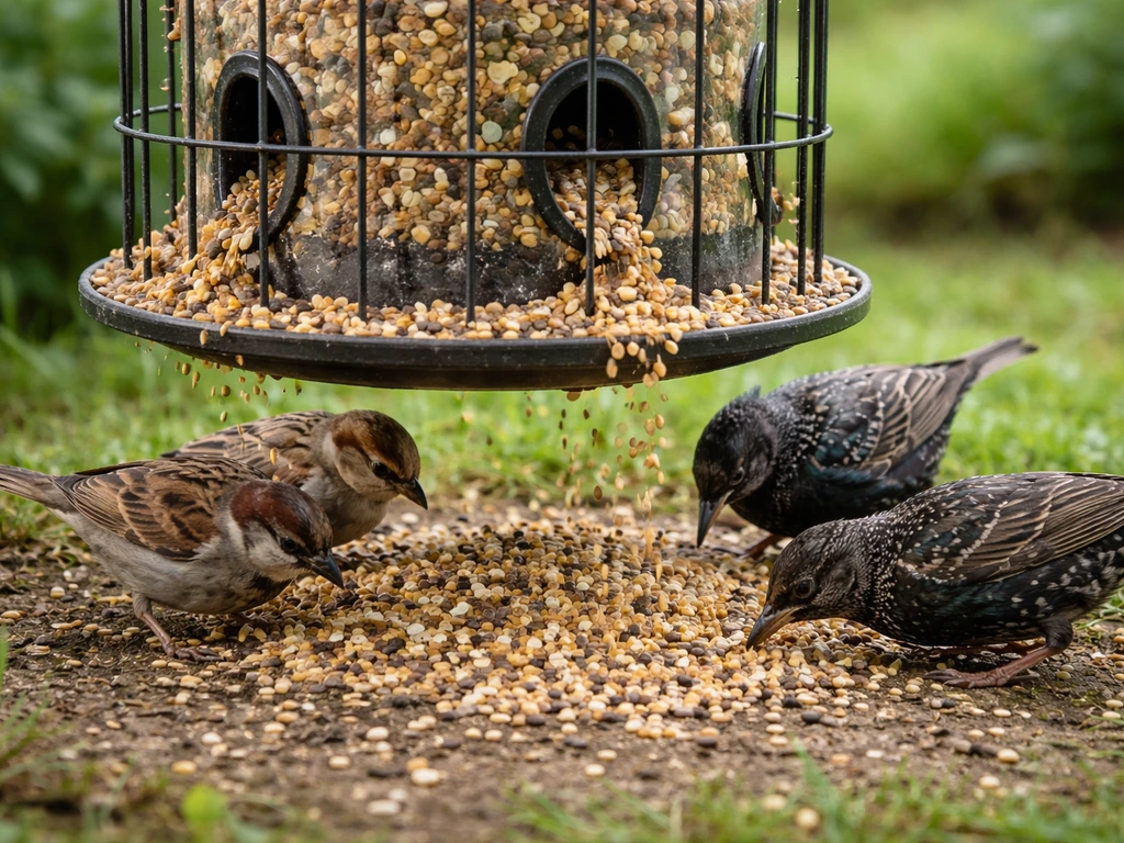 Close-up of a caged bird feeder with seed spilling from ports onto a tray while small birds feed below.