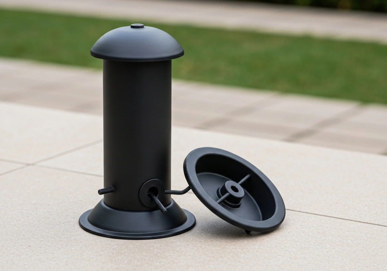 Black bird feeder with twist-and-release base detached beside the seed reservoir on a patio surface.
