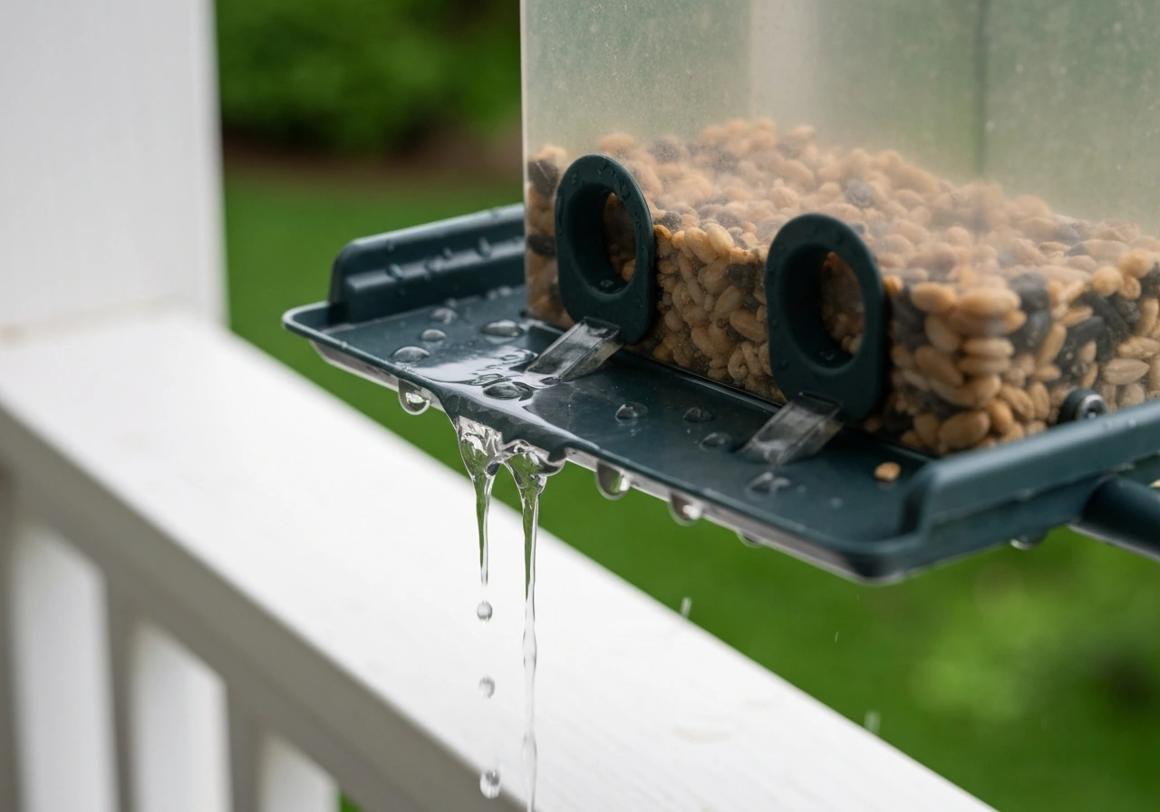Outdoor bird feeder seed tray angled down with water draining off, shown with runoff and raindrops.