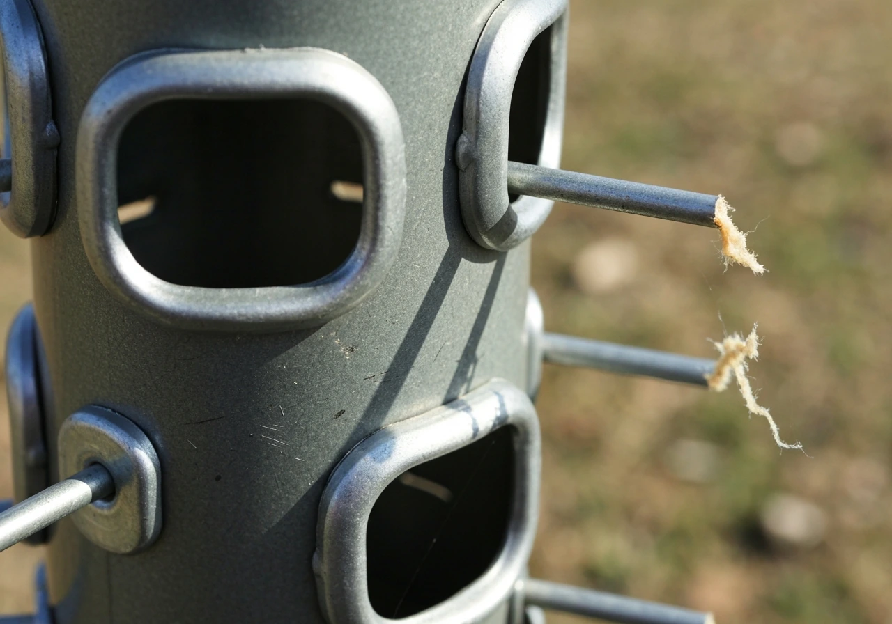Close-up of a tube feeder showing metal-reinforced port collars versus chewed soft plastic edges.