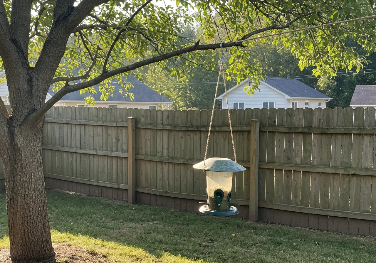 Outdoor bird feeder hanging on a line with a baffle, positioned away from a fence and tree.