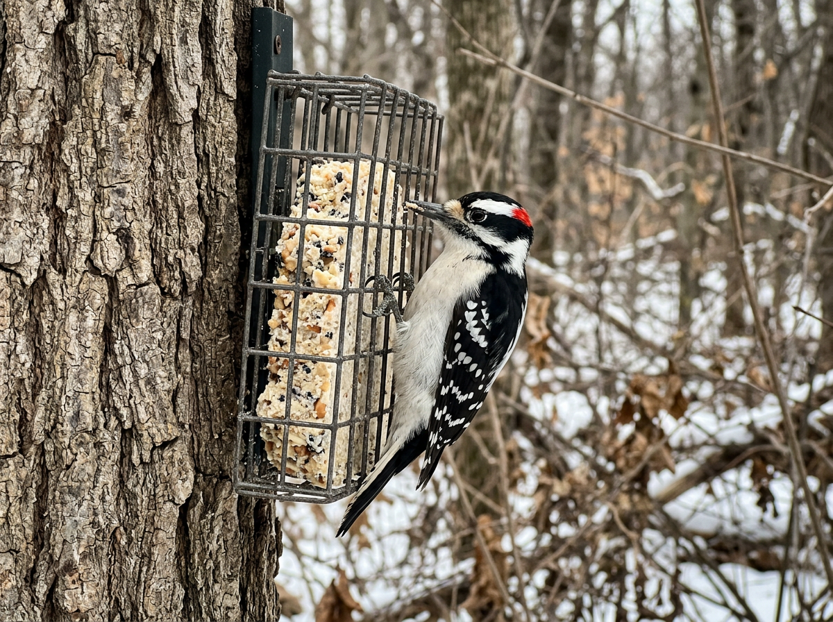 Woodpecker pecking suet inside a wire cage feeder with a suet cake
