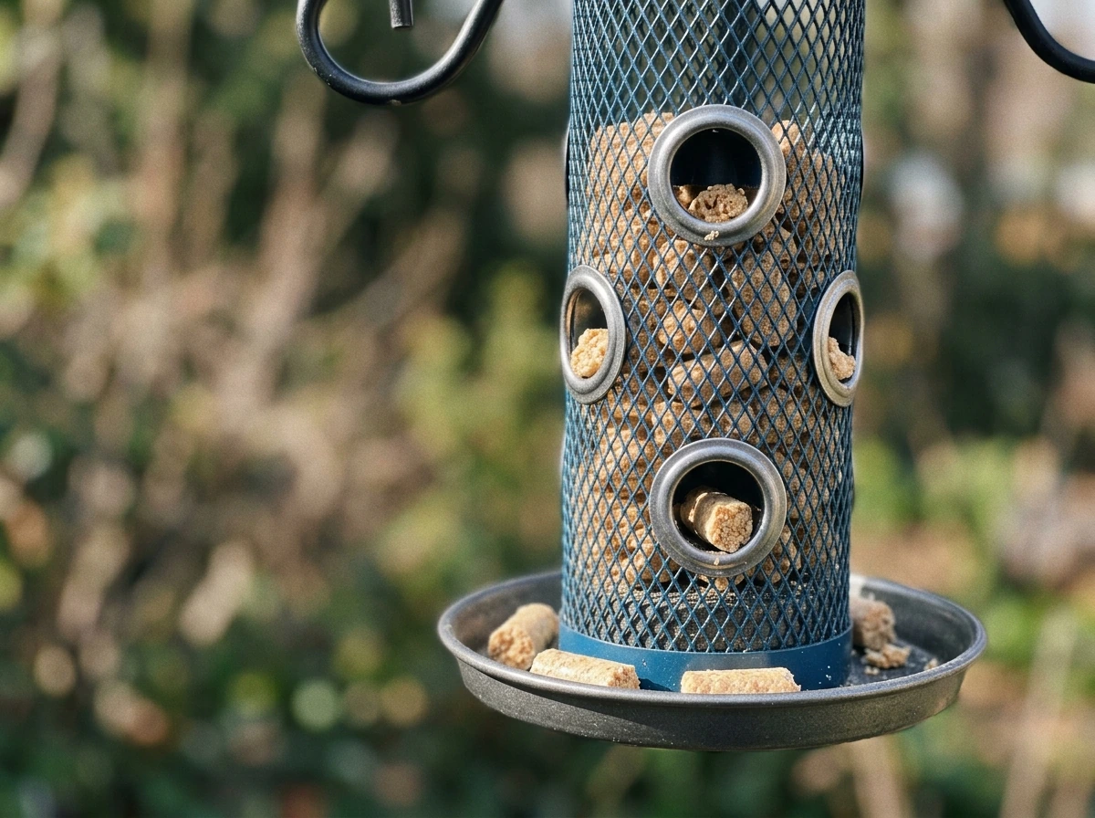 Pellets dropping into a pellet-specific suet feeder’s bottom tray