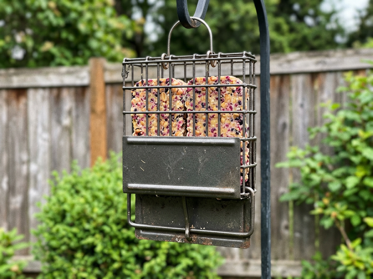 Weight-sensitive squirrel guard mechanism blocking access to the suet