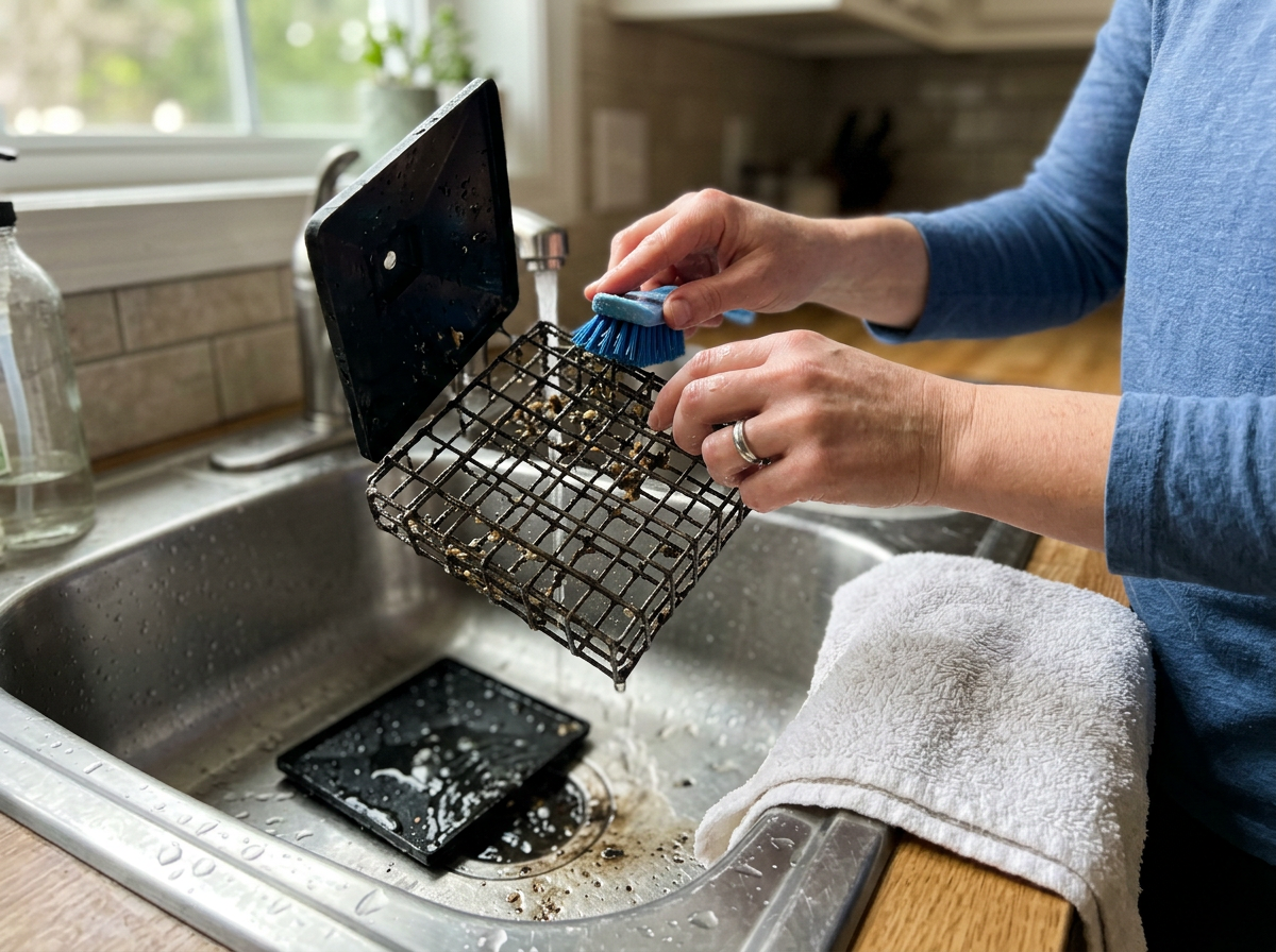 Dirty suet feeder being cleaned with a brush and warm water