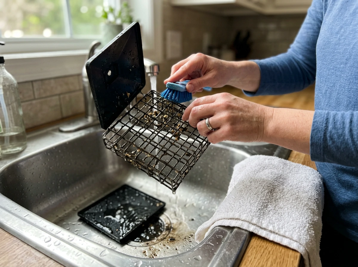 Dirty suet feeder being cleaned with a brush and warm water