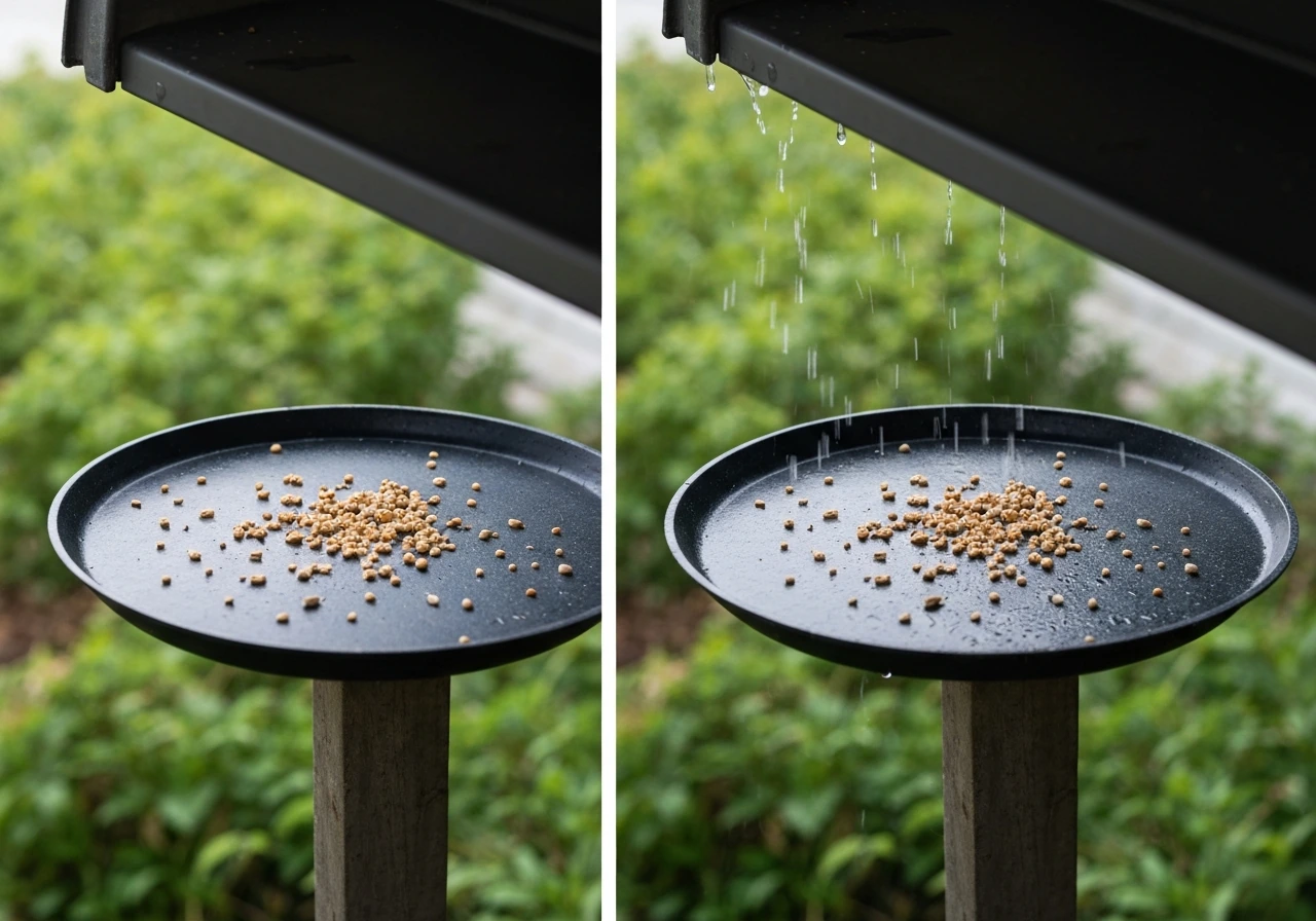 Close-up of a platform bird feeder tray exposed to sky and protected under a roof overhang.