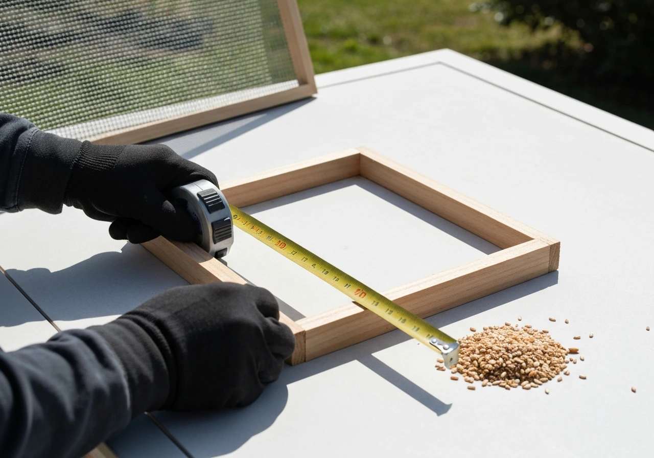 Hands measure a wooden platform feeder deck size beside a covered feeder, checking seed capacity details.