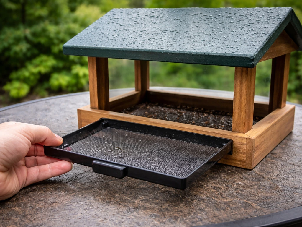 Close-up of a covered bird platform feeder with its removable tray being pulled out to clean