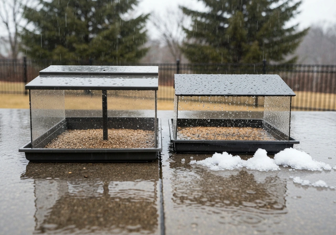 Rainy outdoor scene comparing a covered feeder with dry seed and an uncovered feeder with soaked seed.