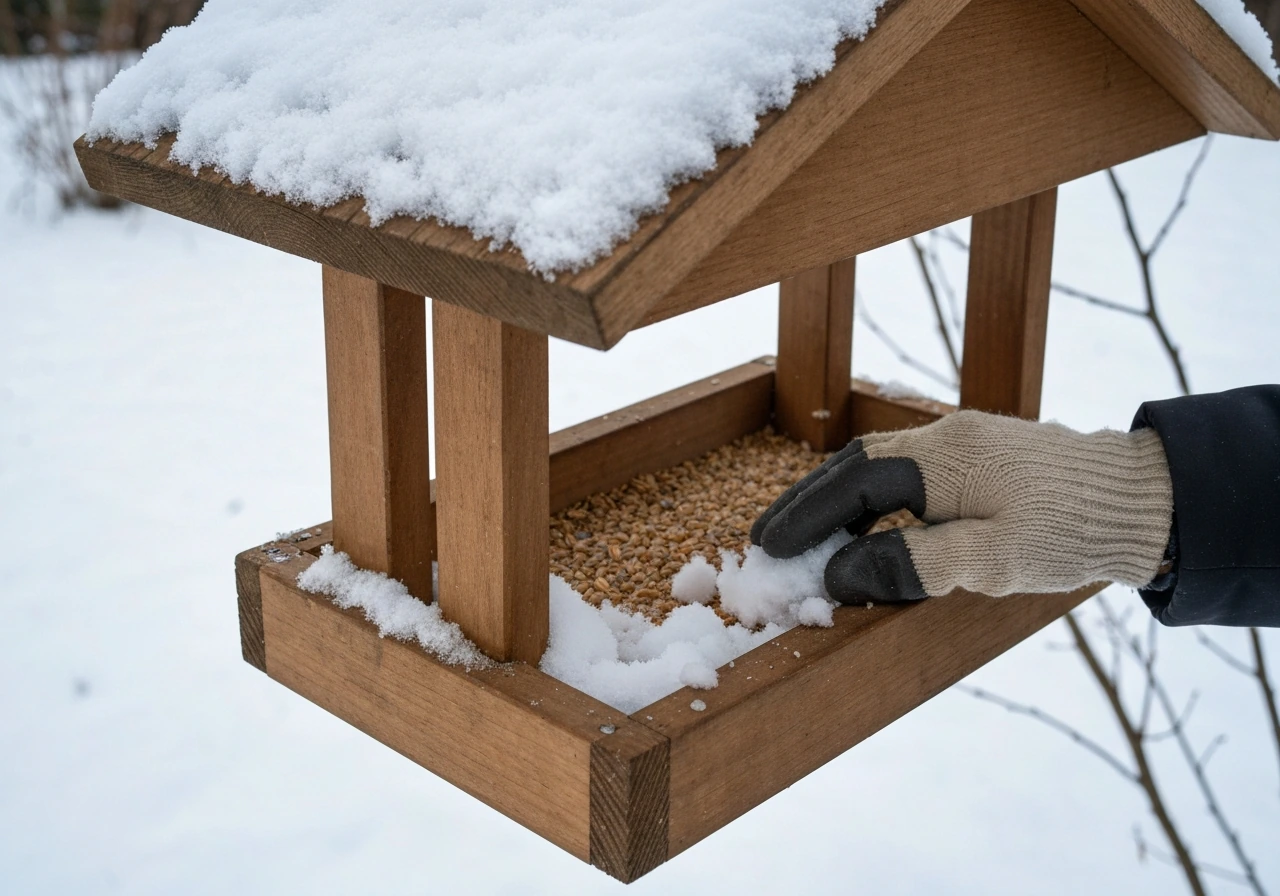 Gloved hand clearing snow from a covered platform bird feeder tray during winter.