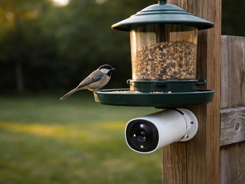 Outdoor Wi‑Fi bird feeder camera mounted beside a feeder with a small bird perched, day-to-night monitoring implied.
