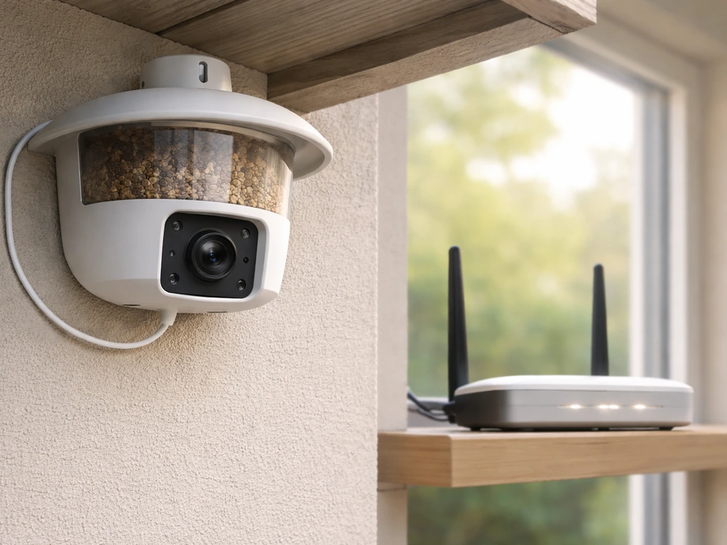 Bird feeder camera mounted near a Wi‑Fi router, showing stable connection for live viewing.