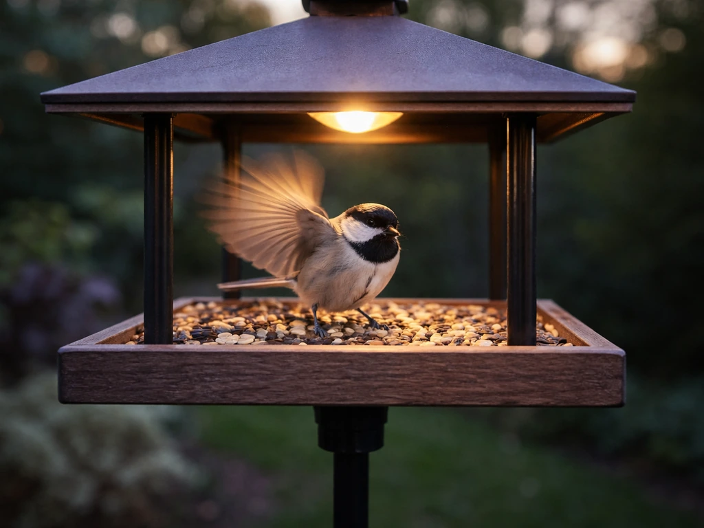 Outdoor feeder with a bird landing as a motion-triggered camera captures the alert moment.