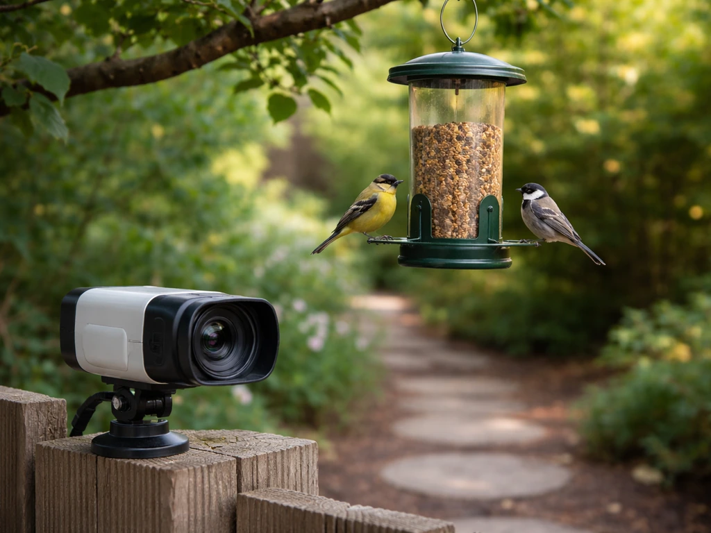Bird feeder in a backyard with a camera aimed at the perching spot and birds feeding nearby.