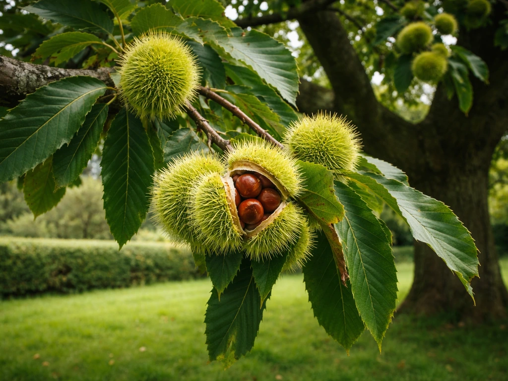 Mature sweet chestnut tree in a UK orchard with spiky burrs and developing chestnuts on branches.