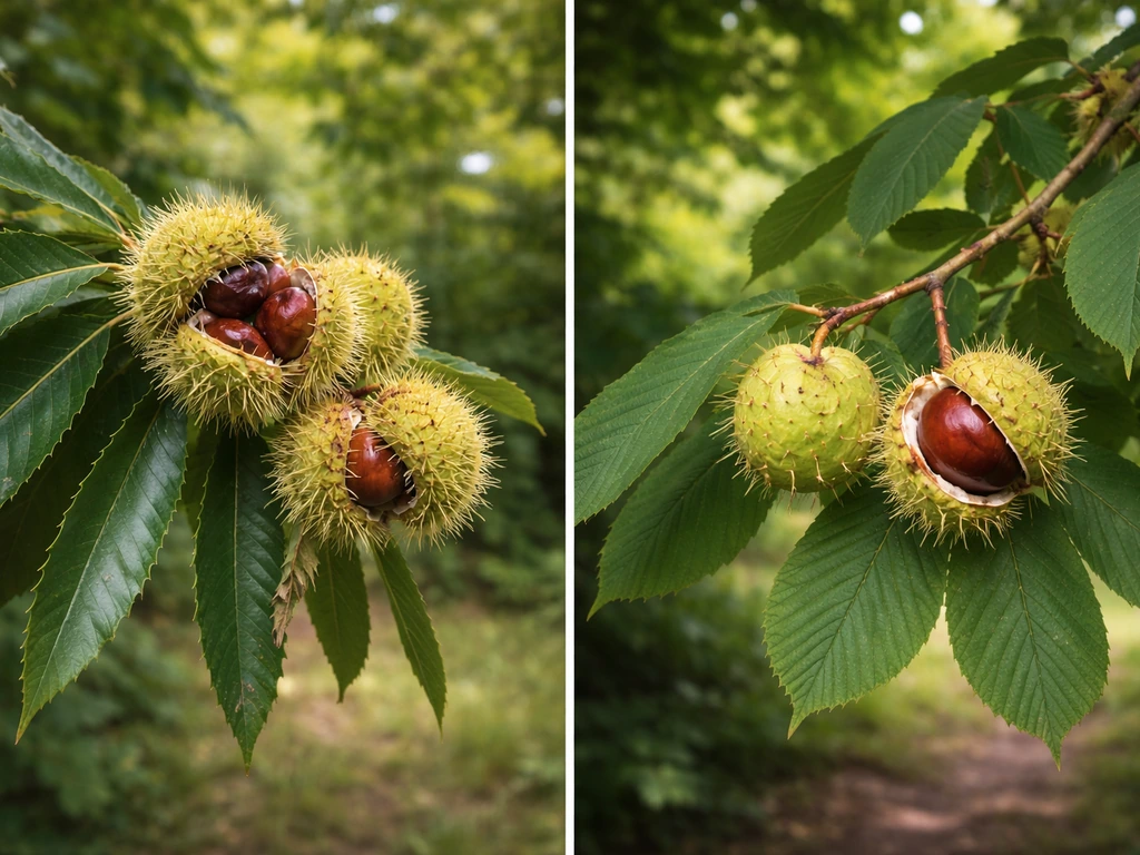 Split image comparing sweet chestnut and horse chestnut leaves and spiky burrs with nuts/conkers.