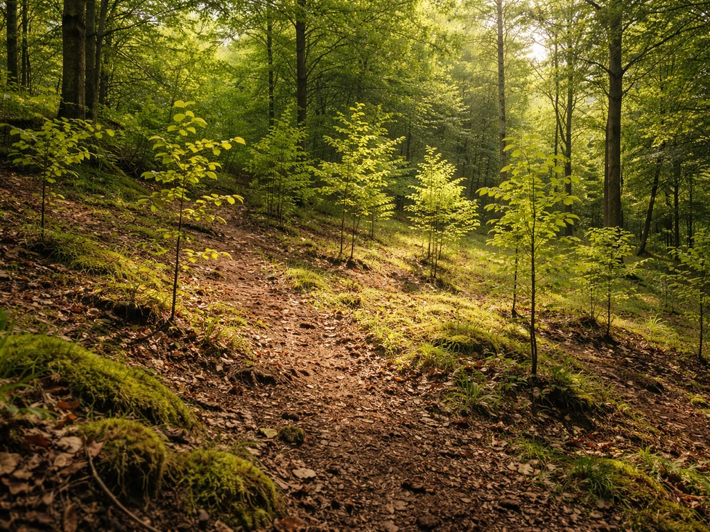 Sunlit sheltered woodland slope with young trees and moist soil, suggesting ideal conditions for sweet chestnut.