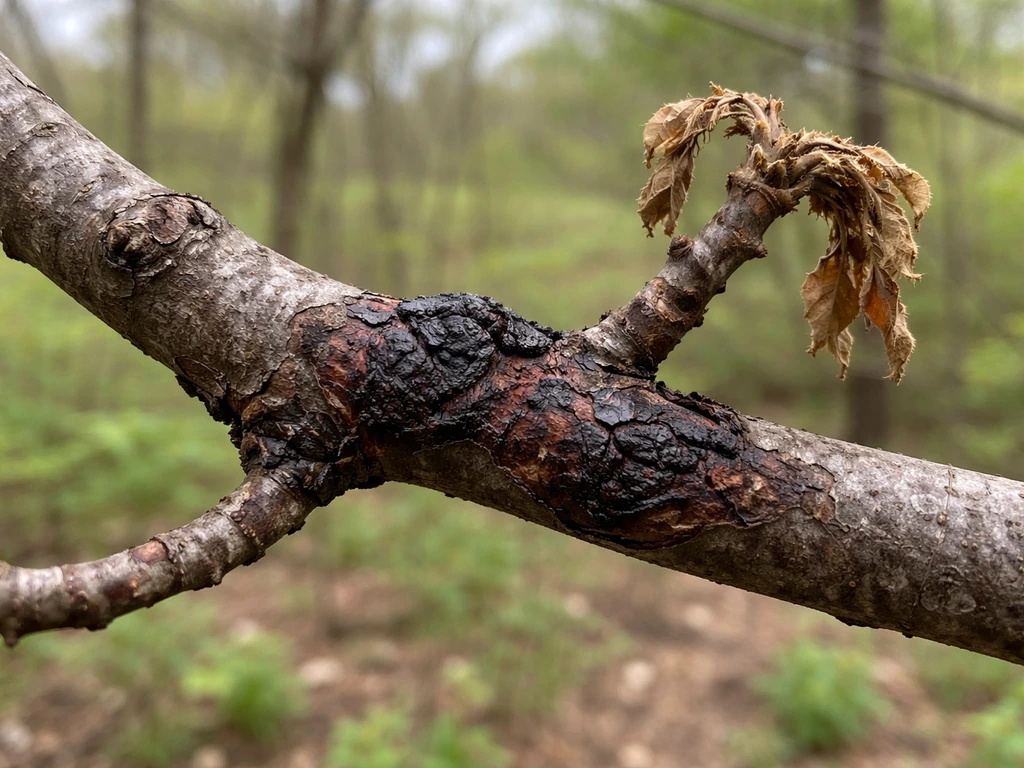 Close-up of sweet chestnut branch with dark blight lesions and diseased curled growth tips.
