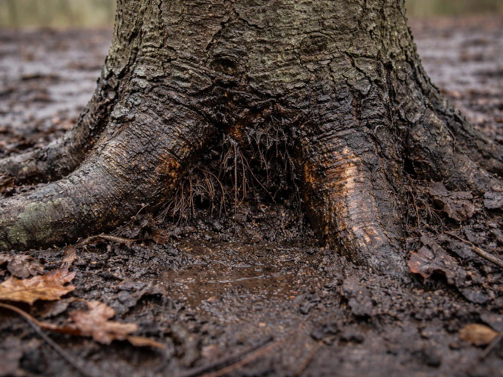 Close-up of sweet chestnut root collar in damp soil with subtle dark, waterlogged bark decay.
