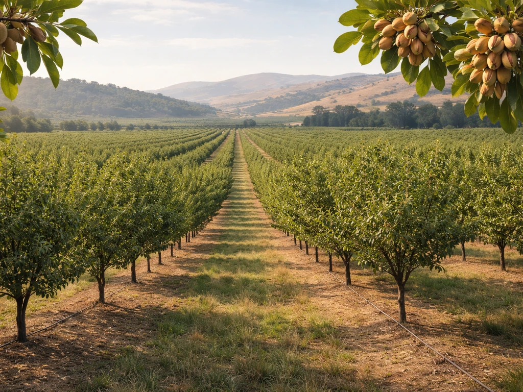 Panoramic view of California nut orchards with rows of trees and visible almonds and pistachios on branches.
