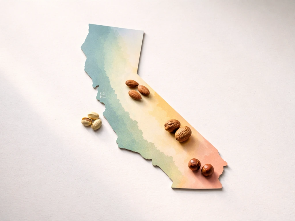 Minimal close-up of a California map silhouette with softly highlighted coastal, Central Valley, foothills, and desert z