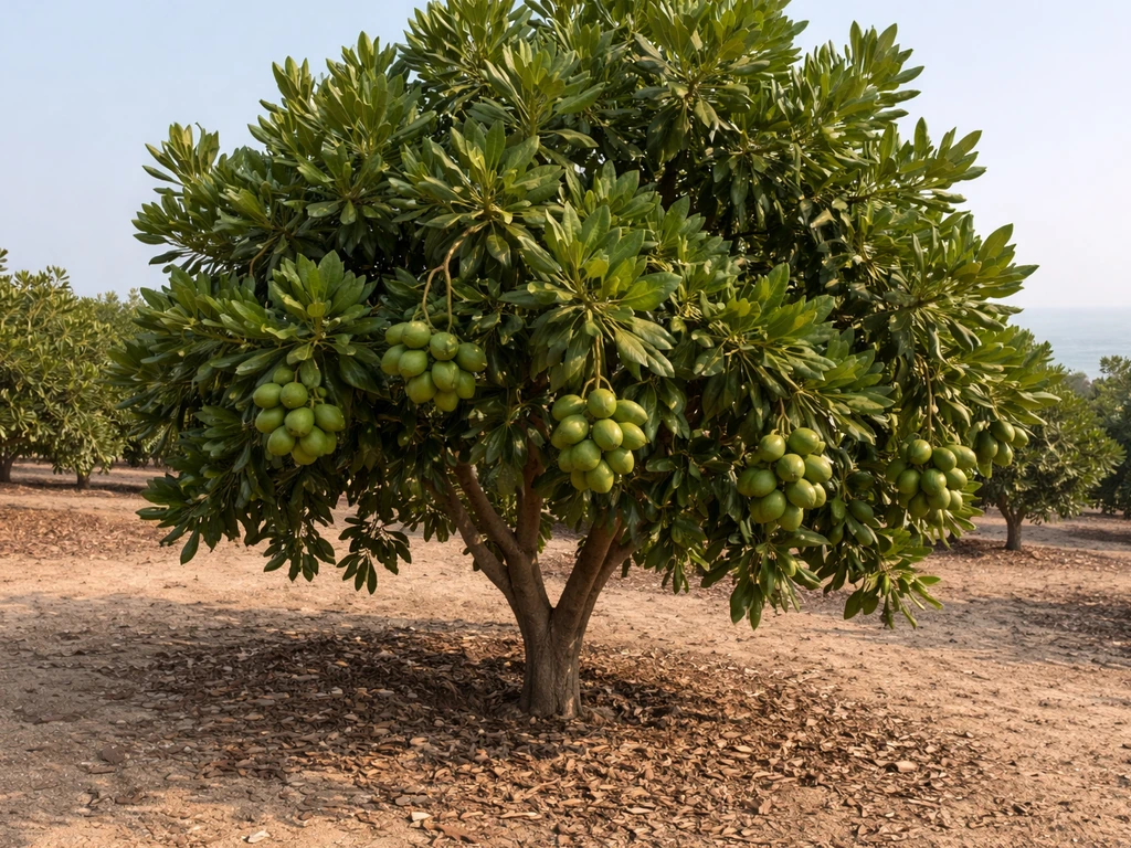 Thriving macadamia tree with green leaves and intact nuts under coastal daylight.