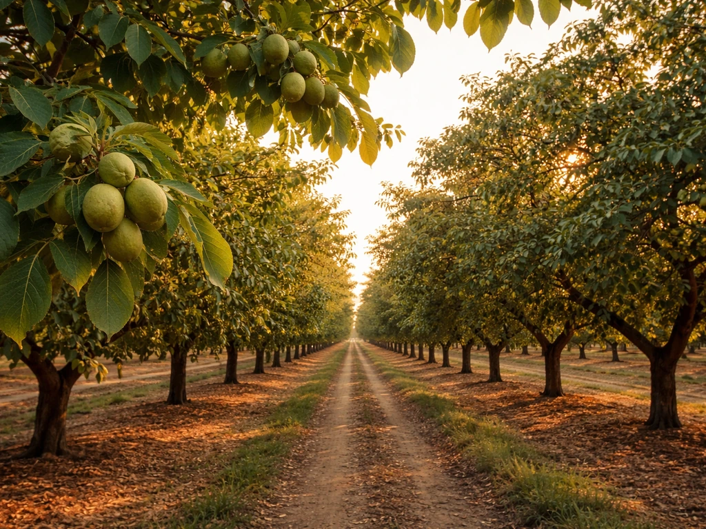 English (Persian) walnut grove in California with walnuts on branches and clear orchard rows.