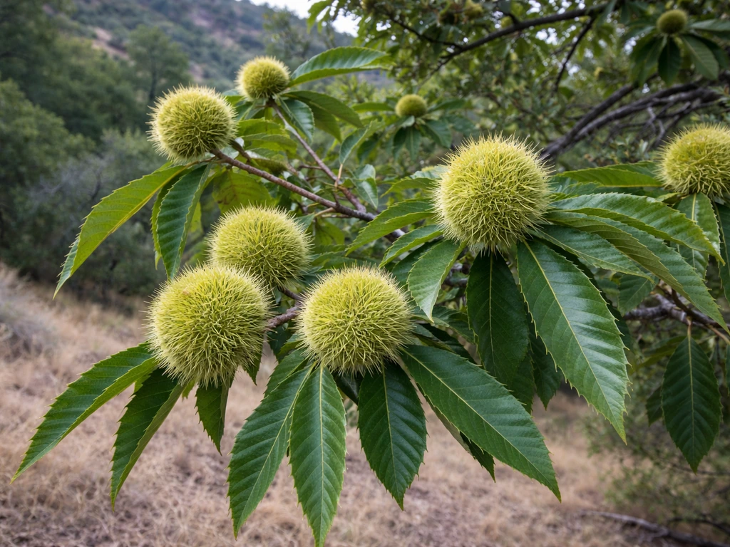Chestnut tree branches with burrs and fresh green leaves in a cool Sierra foothills setting.