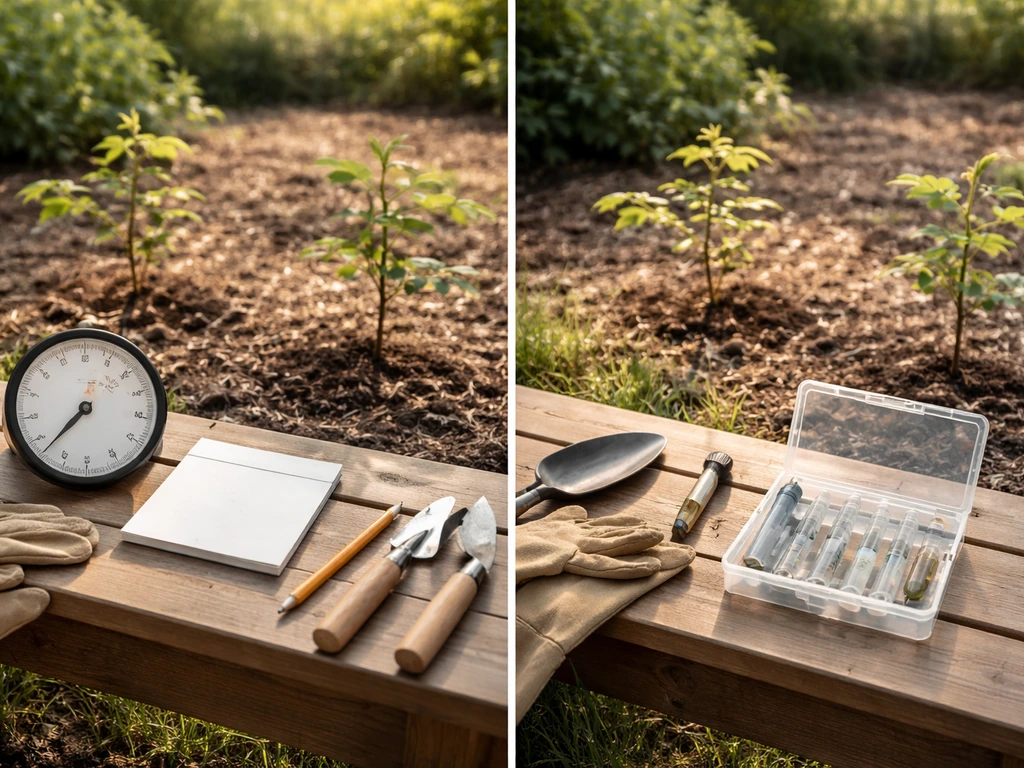 Bench with a chilling-hours thermometer dial beside an irrigation and soil test kit near young nut trees.