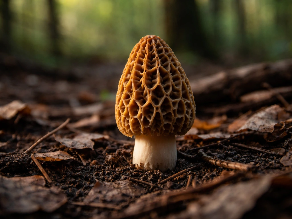A realistic morel mushroom growing on a forest floor, clarifying it’s a mushroom name, not a chicken.