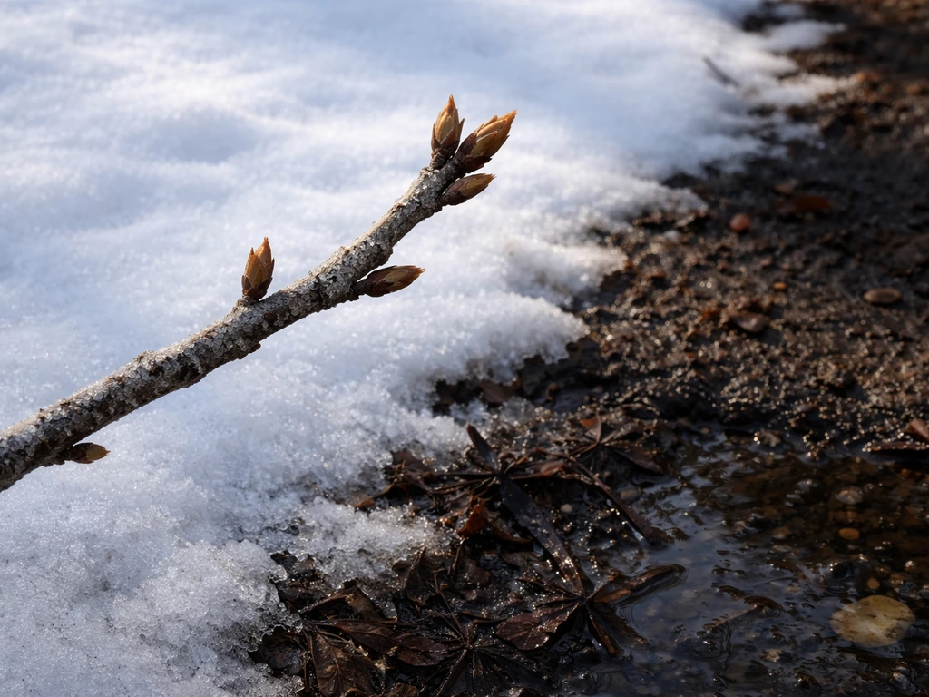 Close-up bare hickory branches against snowy ground beside a darker, moist soil patch in shade.