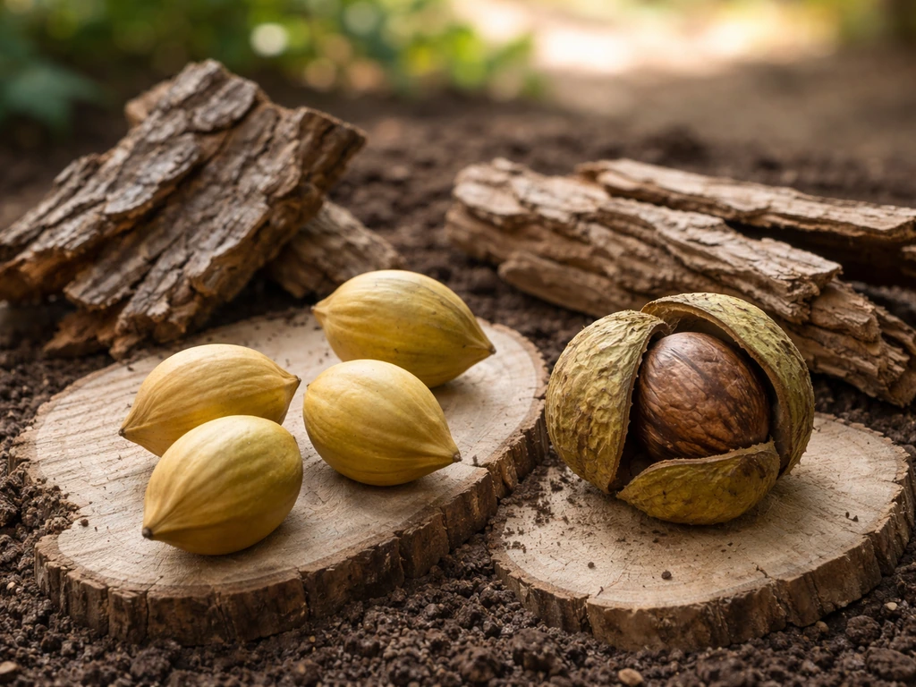Close-up of different hickory nuts and bark textures arranged on a simple tabletop in natural light.