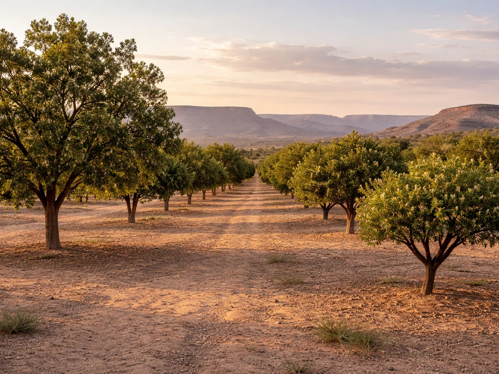 Nut trees in a small New Mexico orchard with desert mesas in the background.
