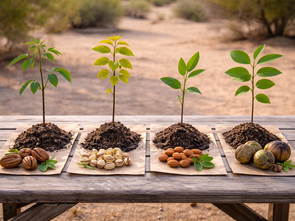 Close-up of small nut-tree samples with pecans, pistachios, almonds, and black walnuts on a garden table