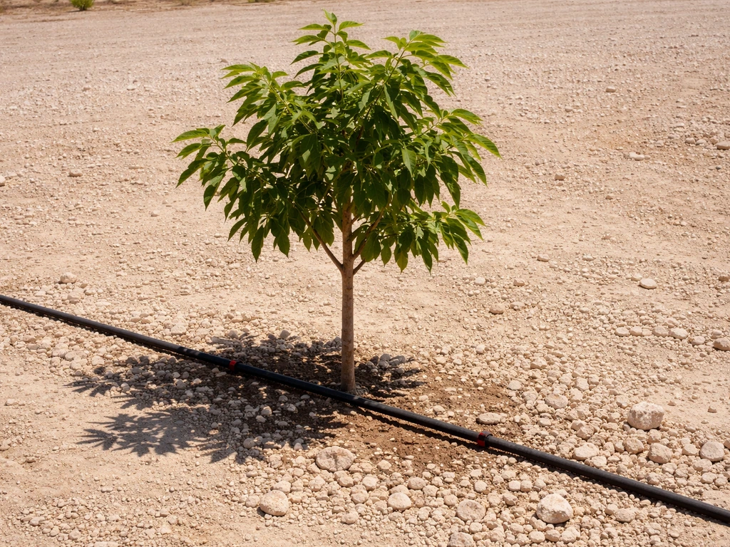 Young nut tree in pale caliche soil with drip irrigation line beside it under bright sunlight