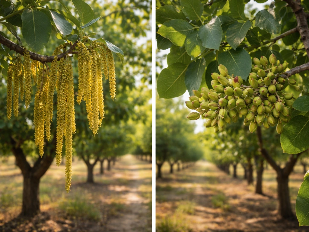 Close-up orchard view with male catkins on one pistachio tree and small green nuts on a nearby female tree.