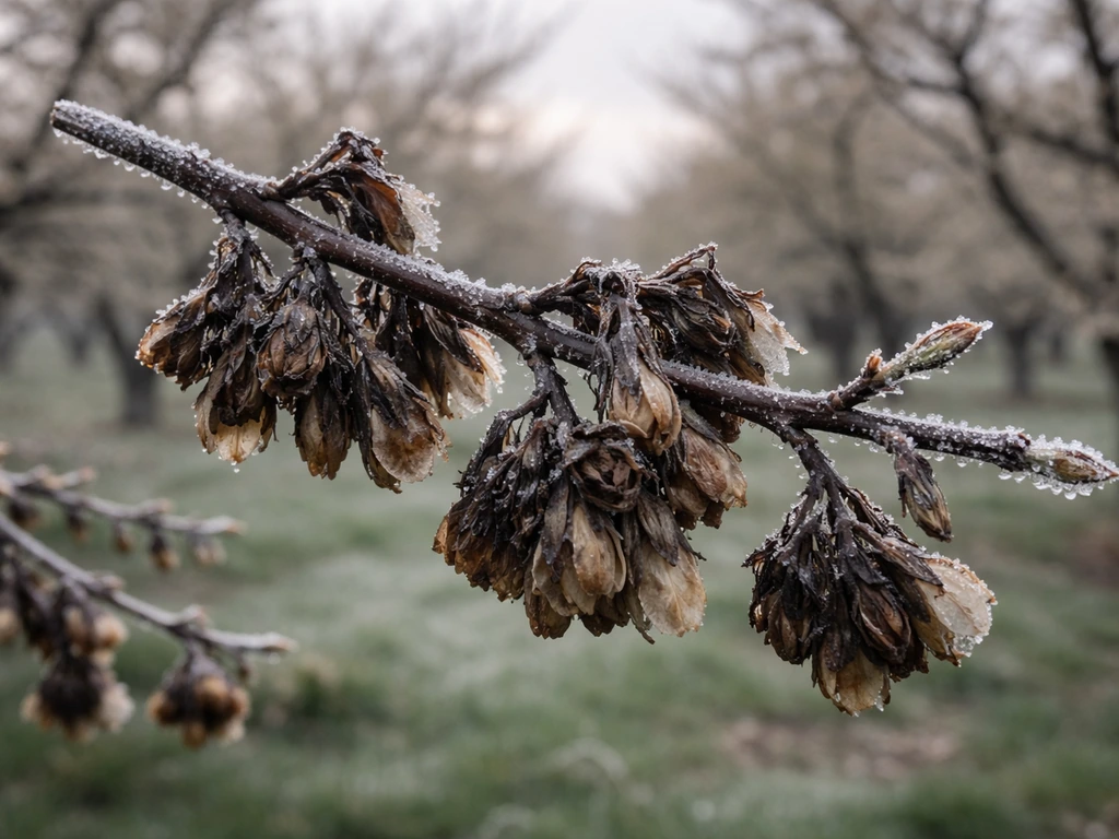 Close-up of almond blossom clusters on a branch browned and blackened by late spring frost.