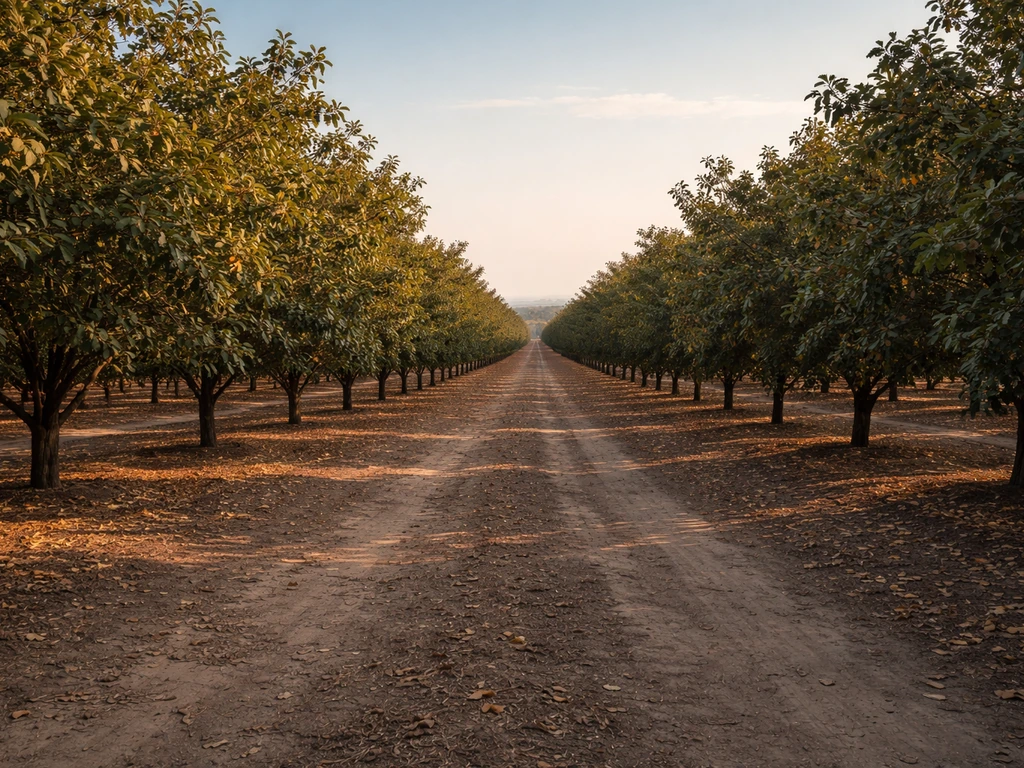 Wide September view of Central Valley walnut orchard rows with warm light and surrounding farmland.