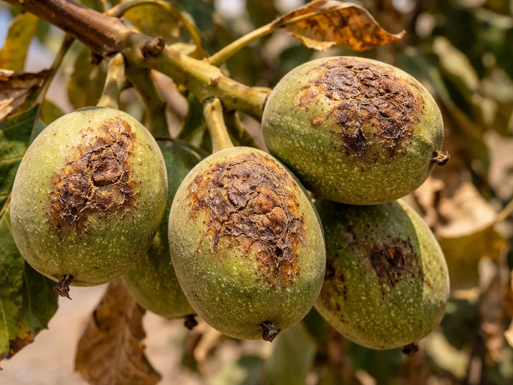 Close-up of developing walnut nuts on a tree with sunburn-like blemishes under harsh summer sunlight.