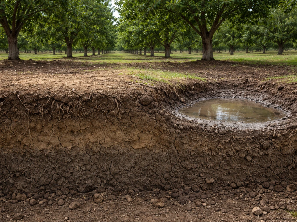Side-view orchard ground showing well-drained layers and low spots with standing water pooling