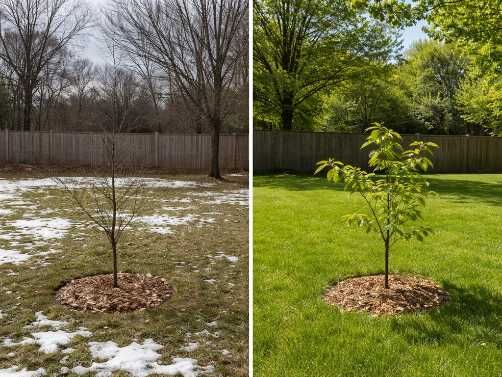 Split photo of one backyard showing walnut sapling in cold snowy vs warm lush conditions.