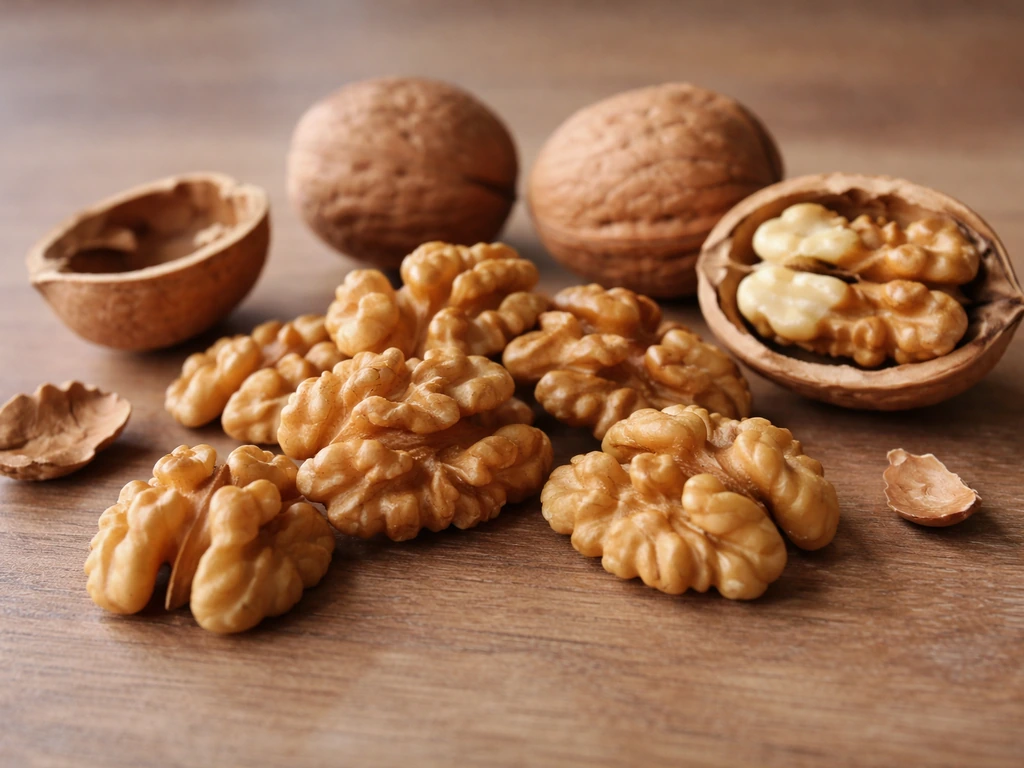 Close-up of English walnut kernels and thin cracked shells on a wooden table, softly lit.
