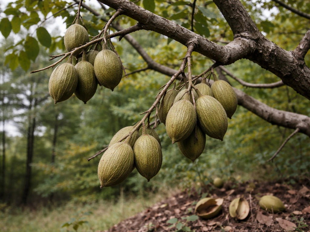 Butternut tree branch with green nut husks, clear view of branching and canopy in natural light.