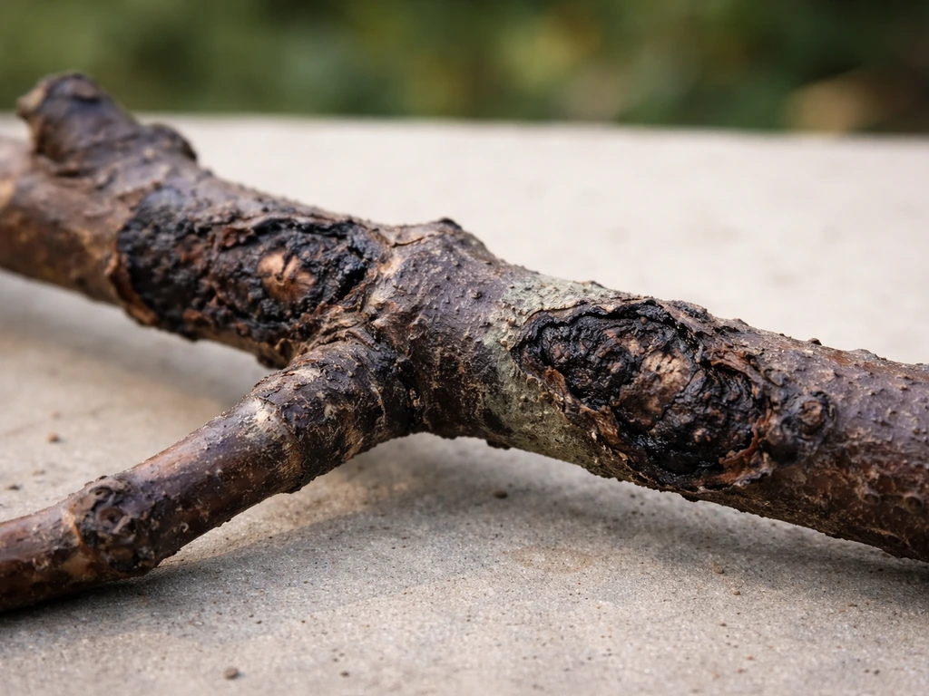 Close-up of a walnut twig with dark canker-like bark lesions indicating thousand cankers disease.