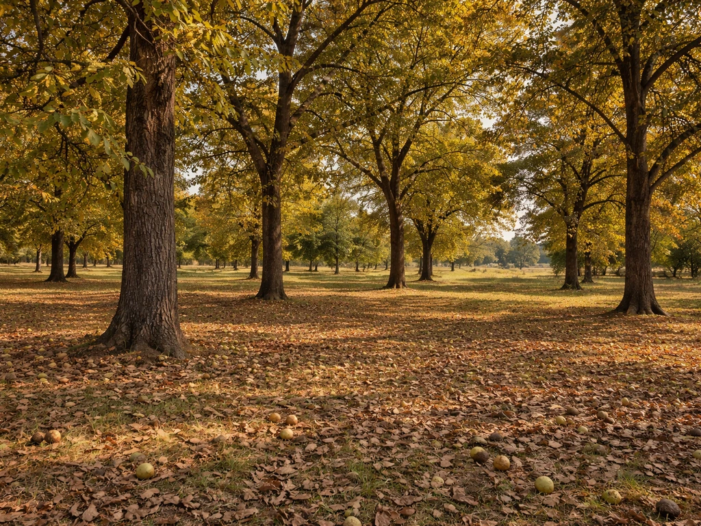 Mature Illinois woodlot with black walnut and hickory-like trees, nuts and leaves in seasonal view.