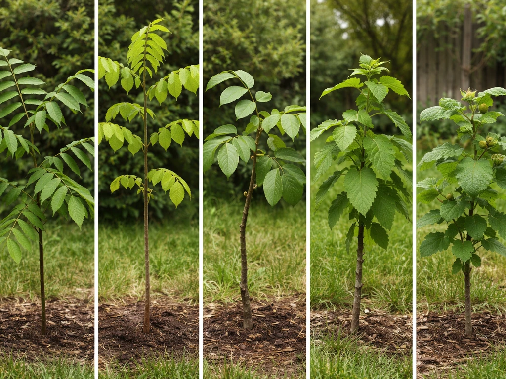 Outdoor row of several nut tree saplings—walnut, butternut, hickory, chestnut, and hazelnut—shown clearly.