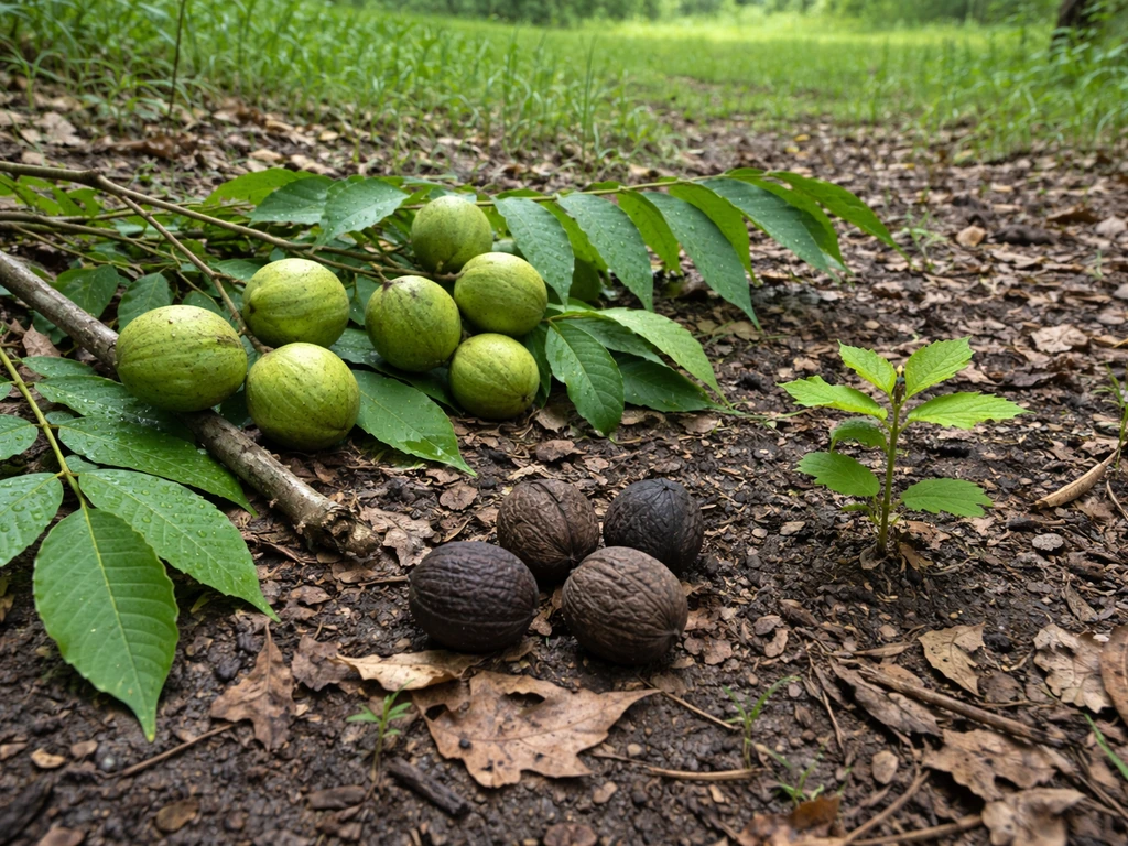 Close-up of black walnut nuts, green husks, and leaves on forest soil with a small seedling nearby.